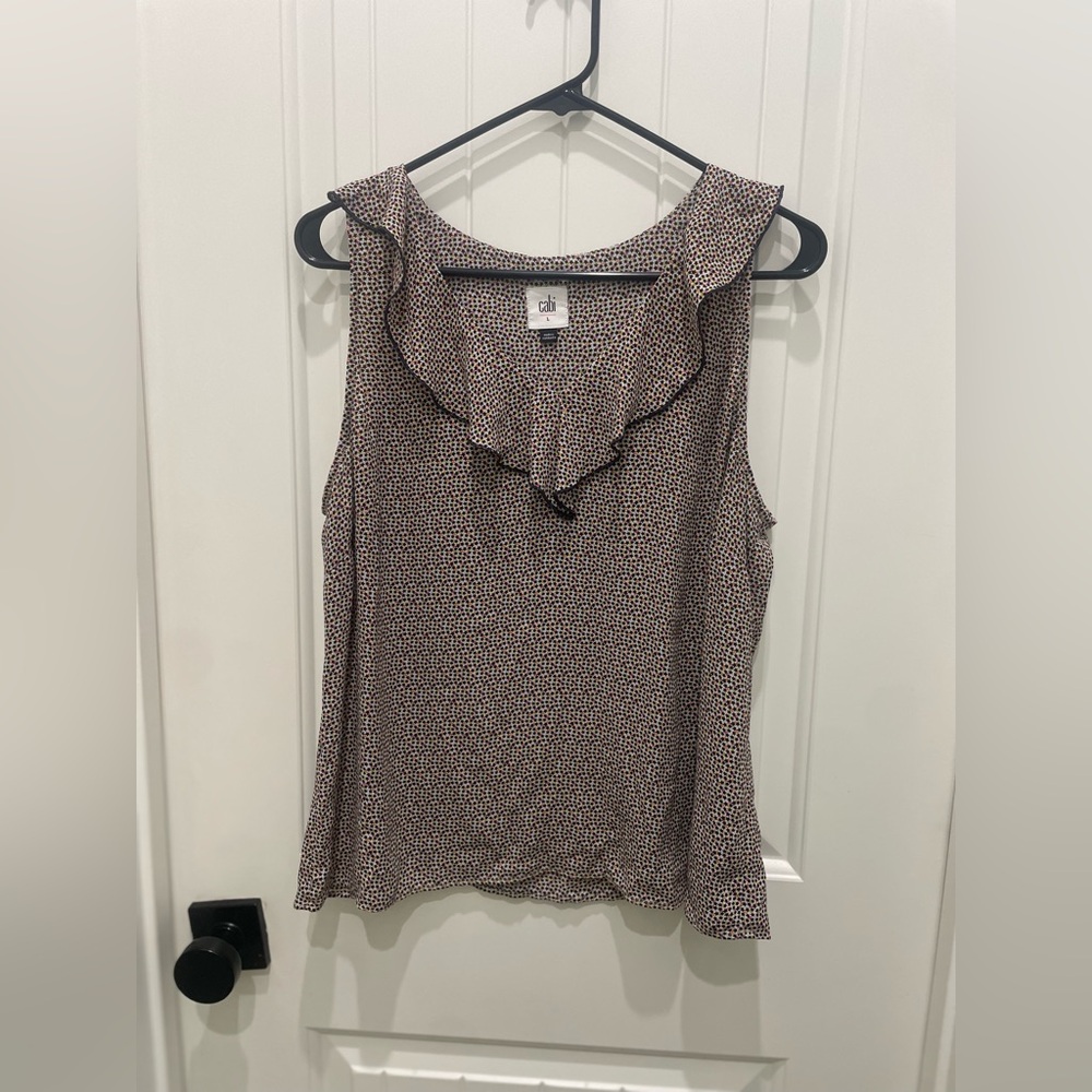 CAbi Neutral Speckle Ruffle Neck Sleeveless Top